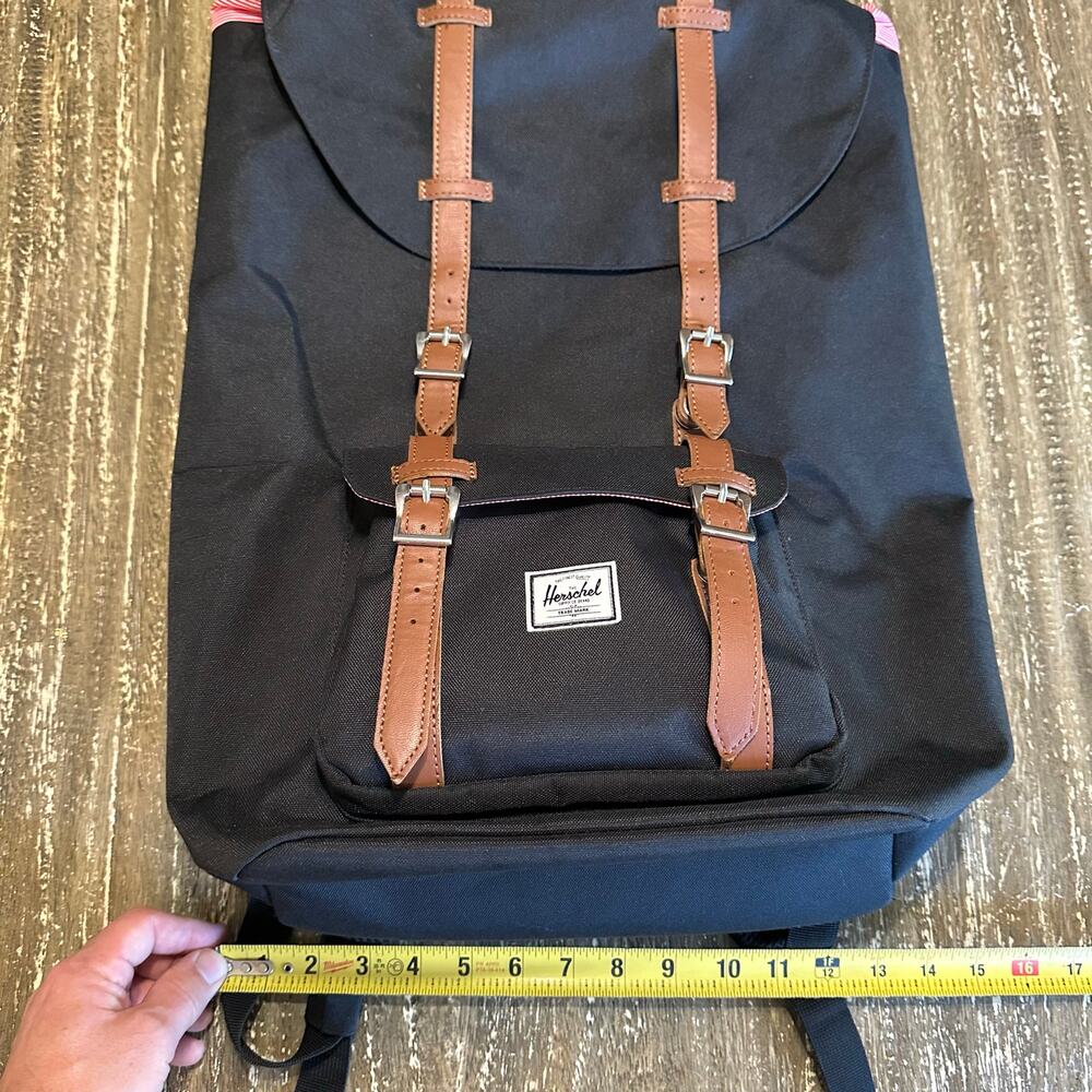 Herschel Little America Backpack Drawstring Buckle Straps Laptop Black Tan - Picture 4 of 12